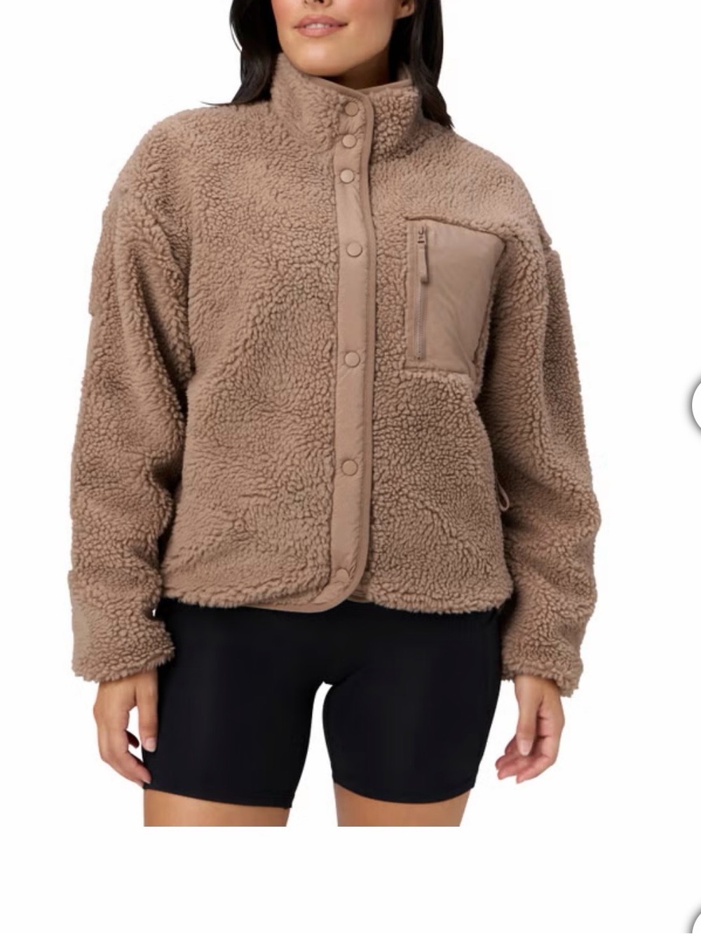 Fabletics Taupe Teddy Sherpa Jacket with Zip Chest Pocket